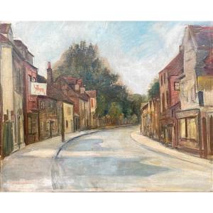 Ecole Anglaise XXe Rue Village Paysage Huile Sur Toile Tableau Ancien