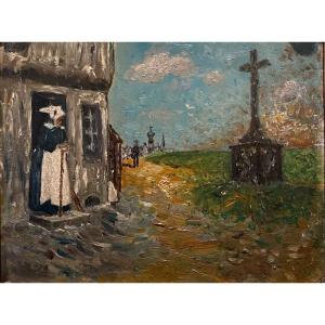 French School XIX Brittany Post Impressionism Breton Calvary Landscape Old Painting