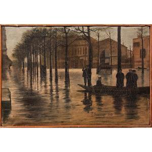 Crue De La Seine 1910 Art Naïf Double Face Tableau Ancien Paris école Française XXe