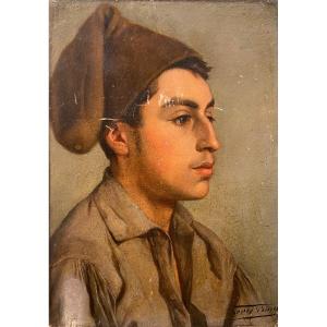 Ecole Italienne XIXe Portrait Napolitain Jeune Homme Huile Sur Panneau Tableau Ancien