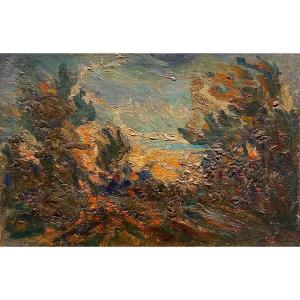 Circa 1900 Post Impressionism Modern Art Landscape Oil On Canvas Antique Painting