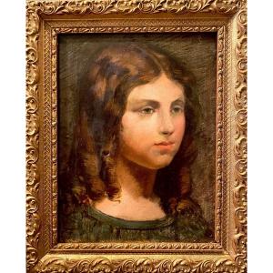 French School 19th Century Portrait Young Girl Monogram Oil On Canvas Old Painting 