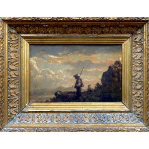 Ecole Italienne XIXe Siècle Paysage Berger Peinture Tableau Ancien 