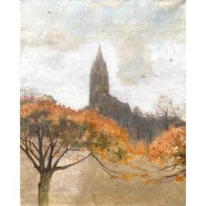 Postimpressionnisme fin XIXe Village en Automne Eglise Tableau Ancien Huile Sur Toile