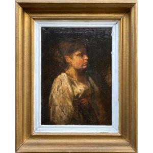 Portrait Of A Young Woman French School 19th Century Old Painting Panel