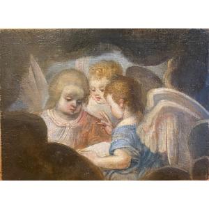 French School 18th Century Putti Angels Oil On Canvas Old Painting 