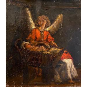 French School 19th Century Thomas Couture (old Attribution On The Back) Guardian Angel Old Painting 