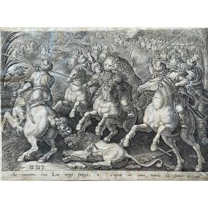 Stradanus, Lion Hunt, Jan Collaert Engraving From Venationes, Ferarum, Avium, Piscium