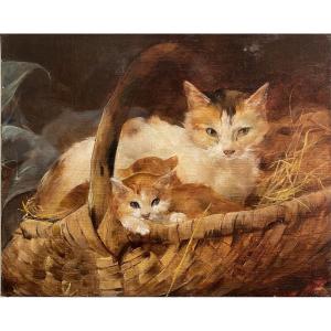 Scandinavian School Circa 1900 Cats Oil On Canvas Antique Painting Animal Painting