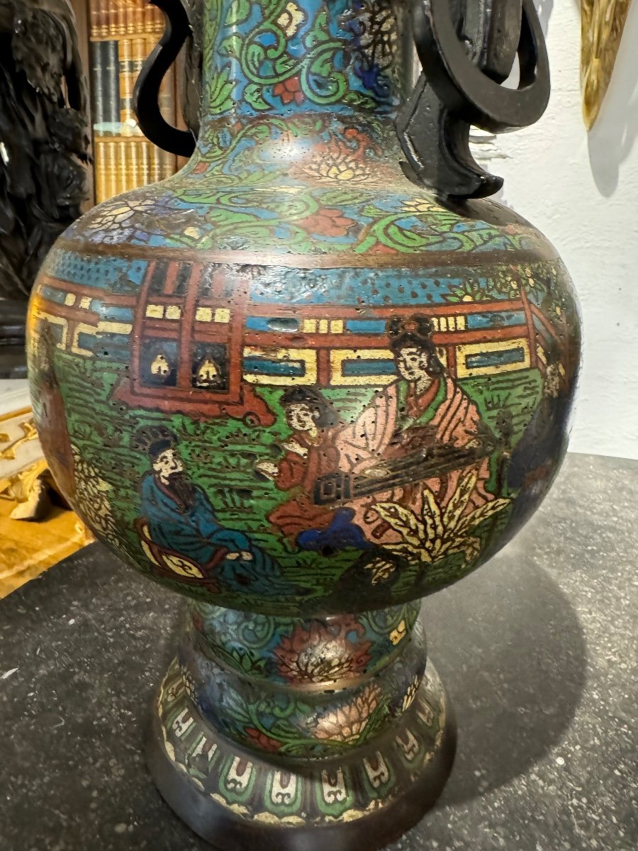 Paire De Vases En Bronze Et émaux Cloisonnés Chine-photo-3