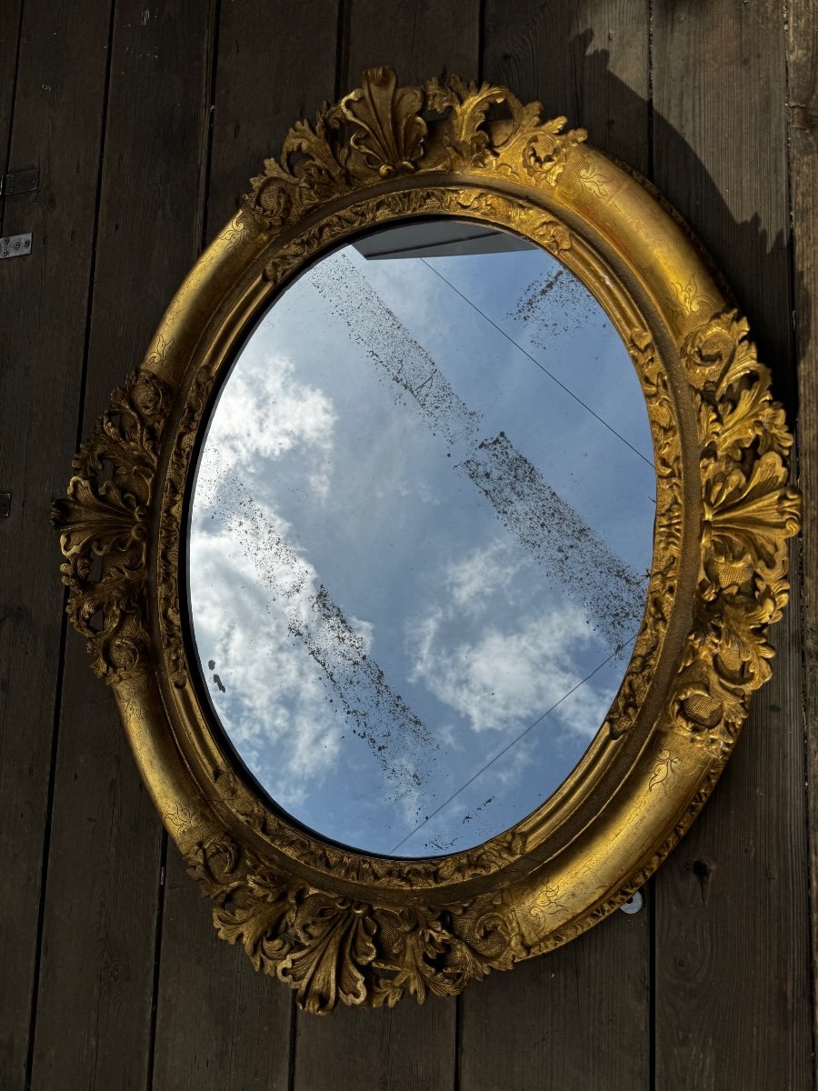 18th Century Oval Mirror In Golden Wood-photo-4