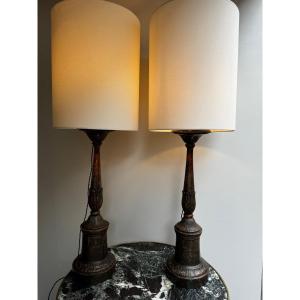 Large Pair Of Pic Candles Mounted In Lamps