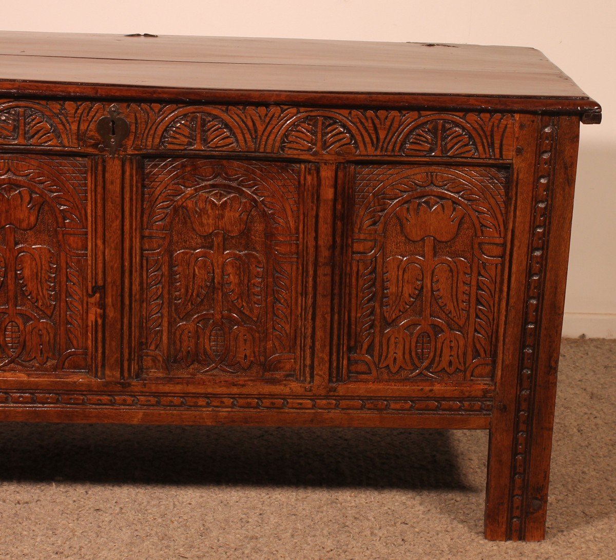 Oak Chest From 17th Century 4 Panels-photo-2