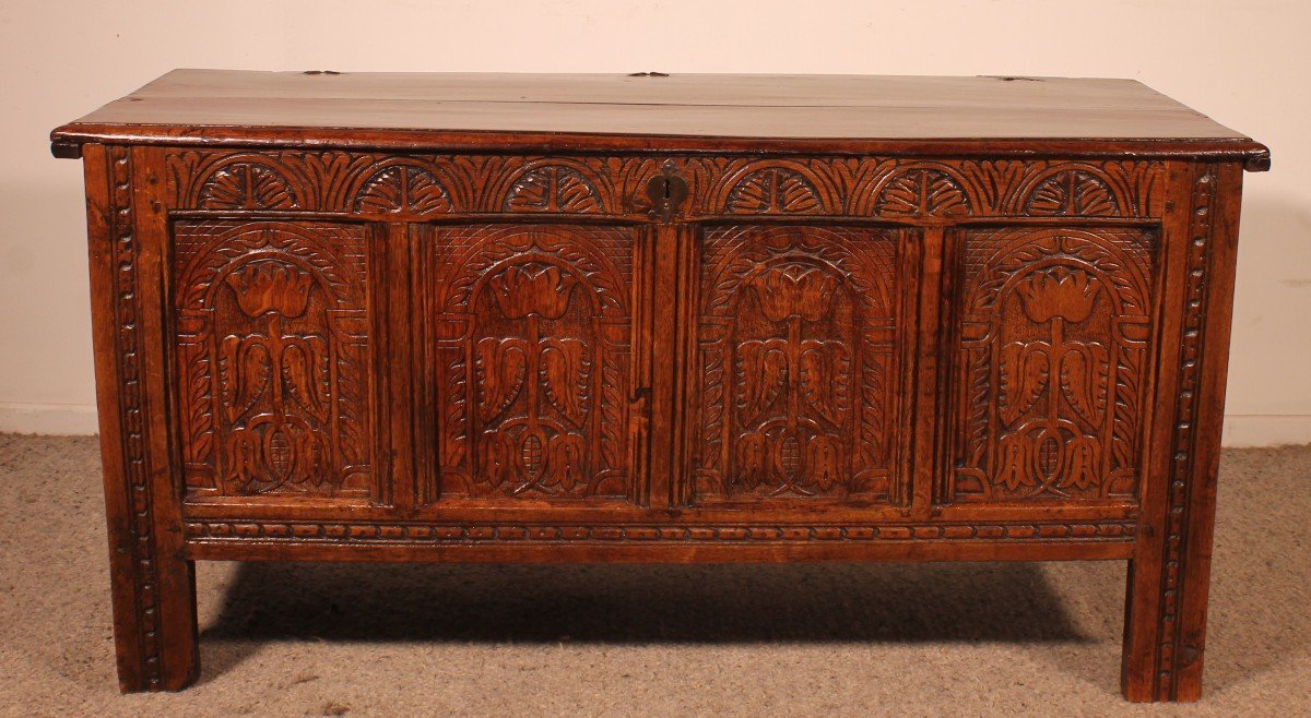 Oak Chest From 17th Century 4 Panels