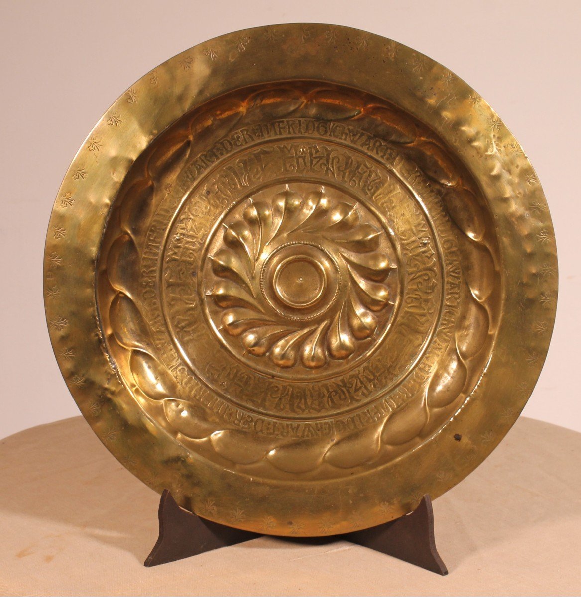 Brass Offering Dish With Gothic Inscriptions Nuremberg Circa 1600