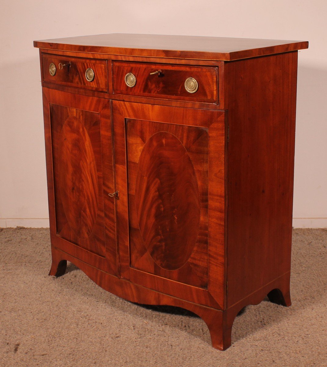 George III Sheraton Bowfront Buffet/ Side Cabinet In Mahogany-18th Century-photo-2