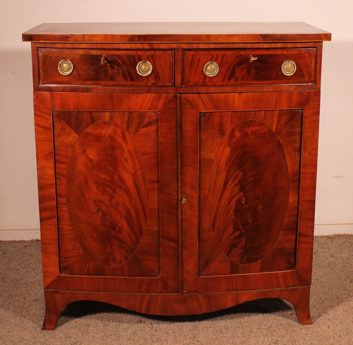 George III Sheraton Bowfront Buffet/ Side Cabinet In Mahogany-18th Century