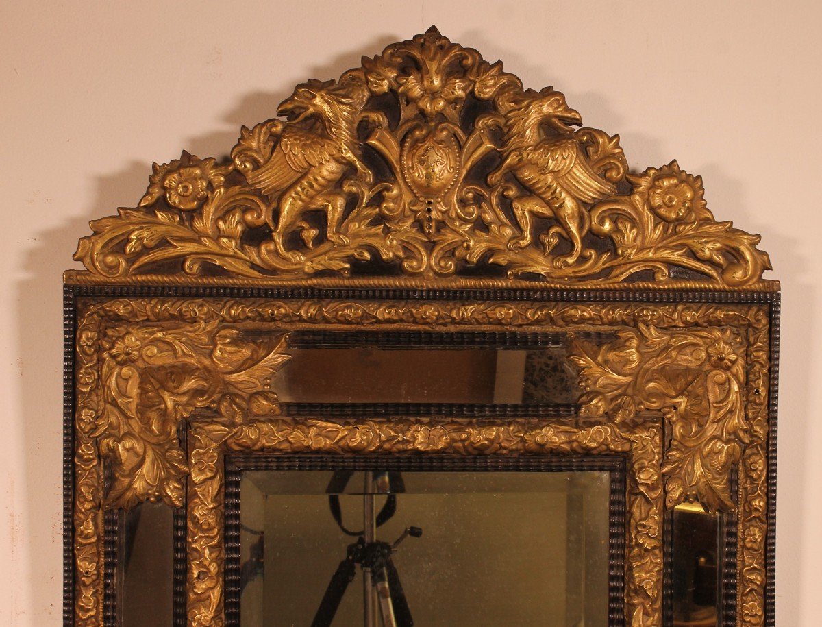 Mirror With Sculpted Coper And Ebony Wood Decoration - Early 19th Century-photo-3