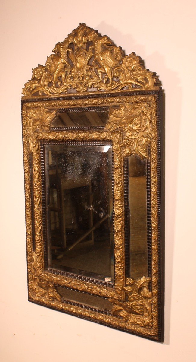 Mirror With Sculpted Coper And Ebony Wood Decoration - Early 19th Century-photo-5