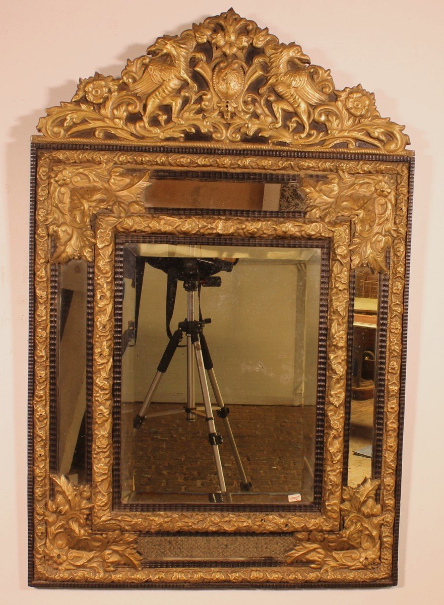 Mirror With Sculpted Coper And Ebony Wood Decoration - Early 19th Century