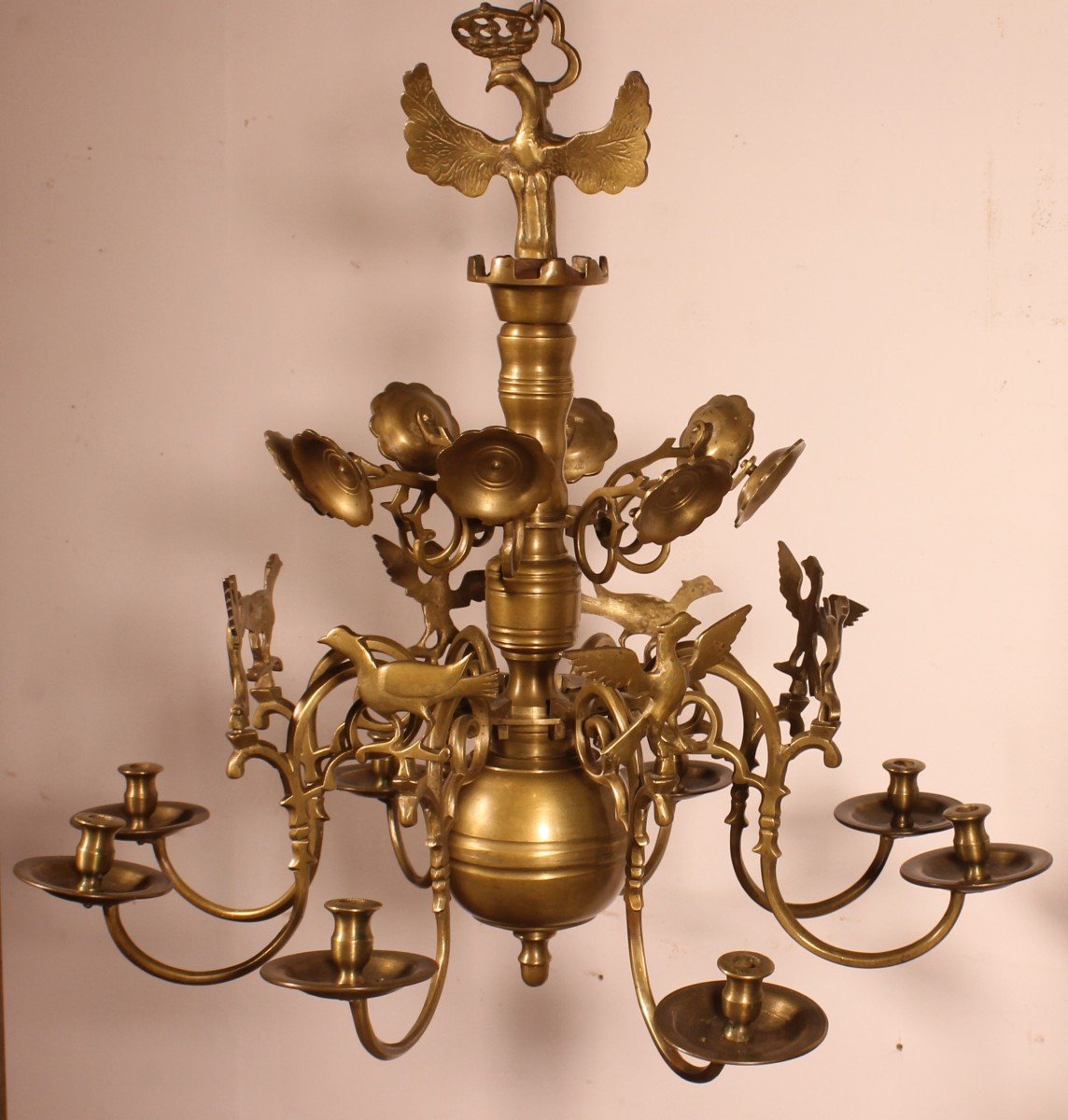 Renaissance Bronze Chandelier With 8 Light Arms Decorated With Birds-photo-2