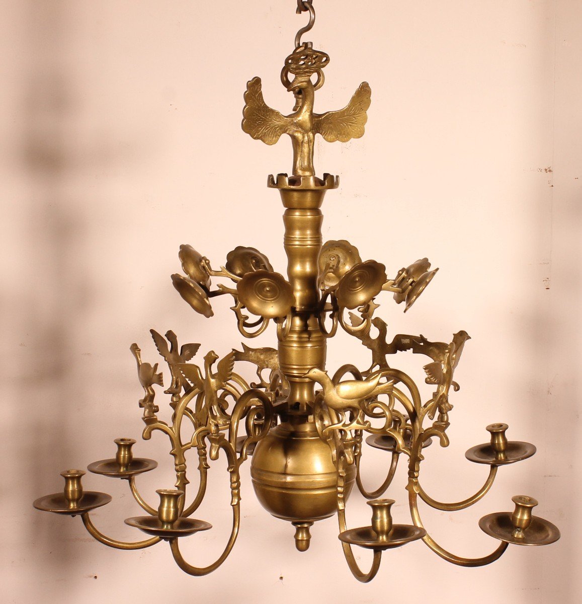 Renaissance Bronze Chandelier With 8 Light Arms Decorated With Birds