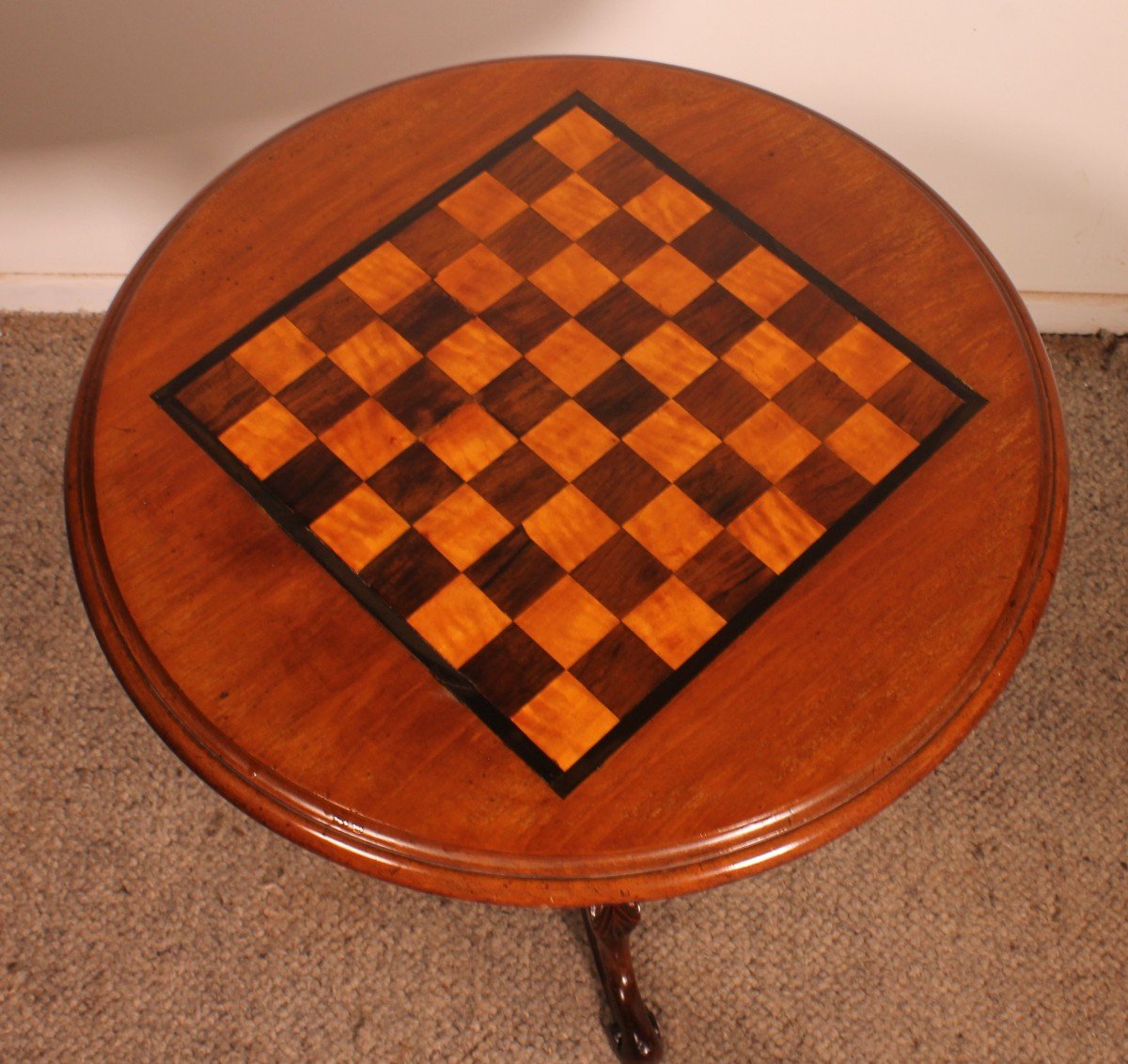 Small Tripod Table / Gueridon With A Checkerboard Top - 19th Century-photo-3