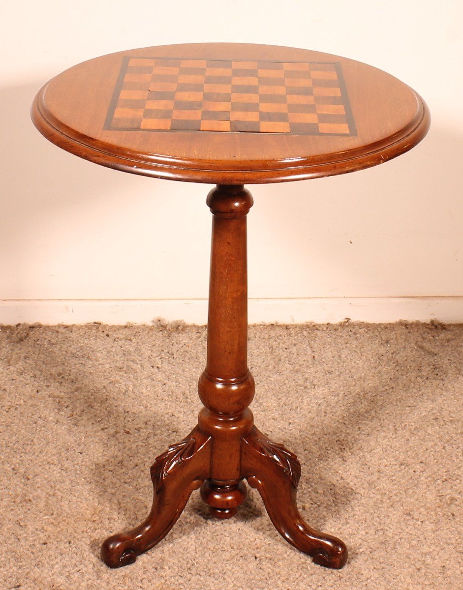 Small Tripod Table / Gueridon With A Checkerboard Top - 19th Century