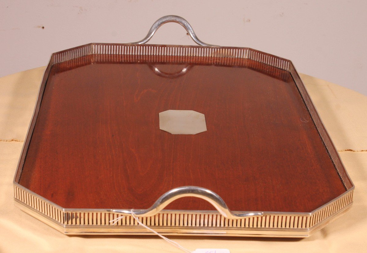 19th Century Silver Plated Metal And Mahogany Tray-photo-4