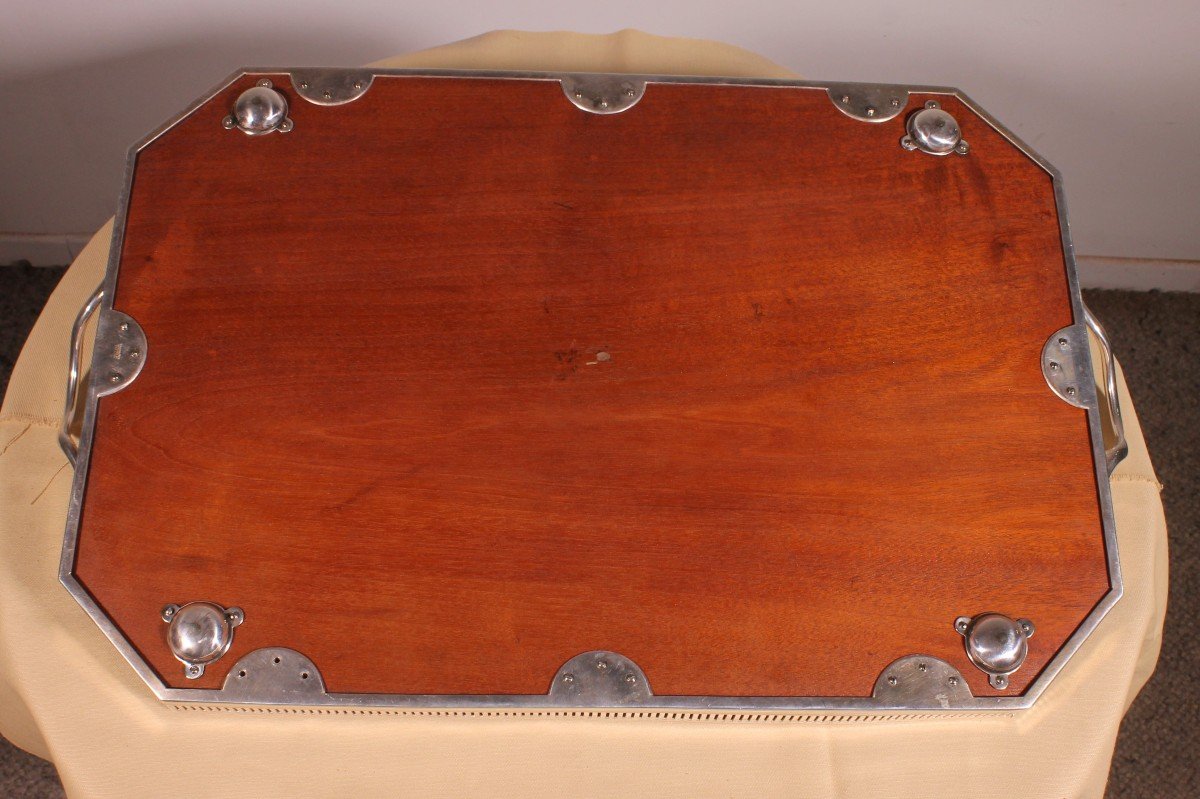 19th Century Silver Plated Metal And Mahogany Tray-photo-6