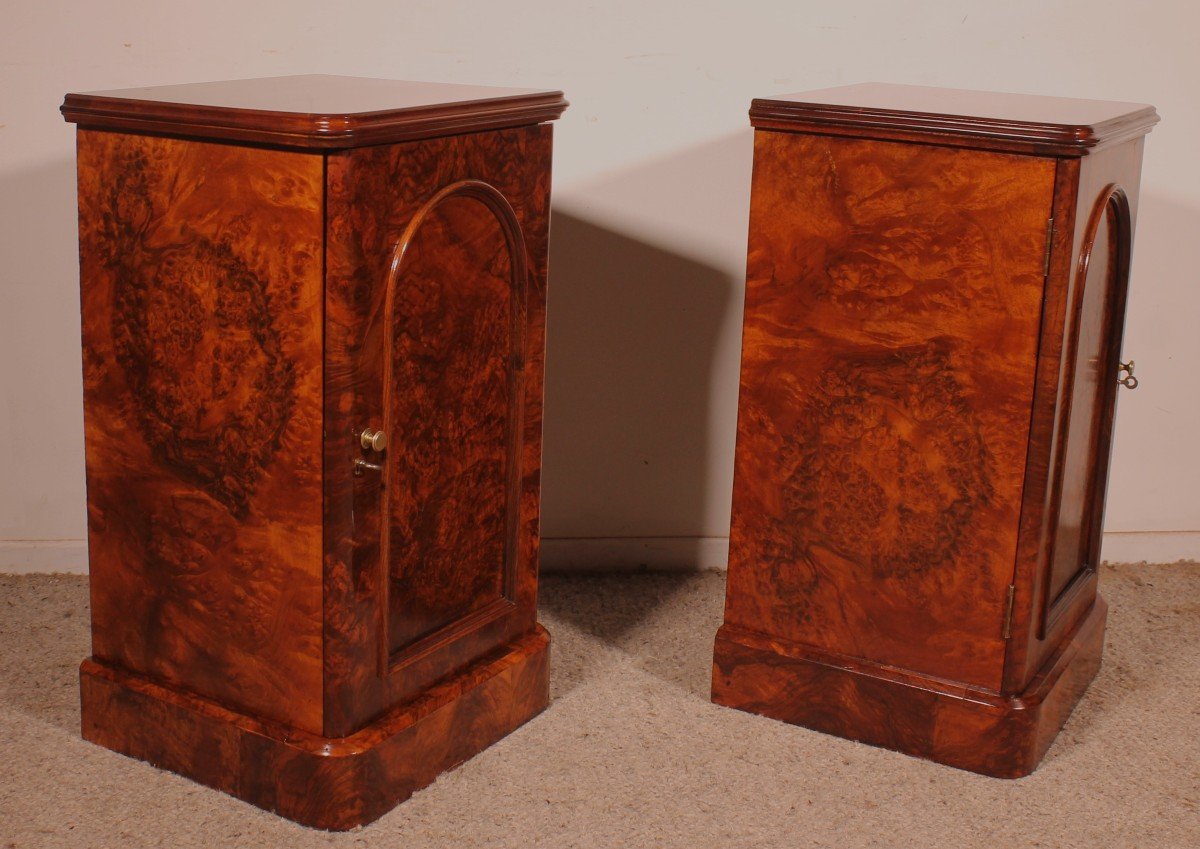 Pair Of Burl Walnut Bedside Tables - 19th Century-photo-4