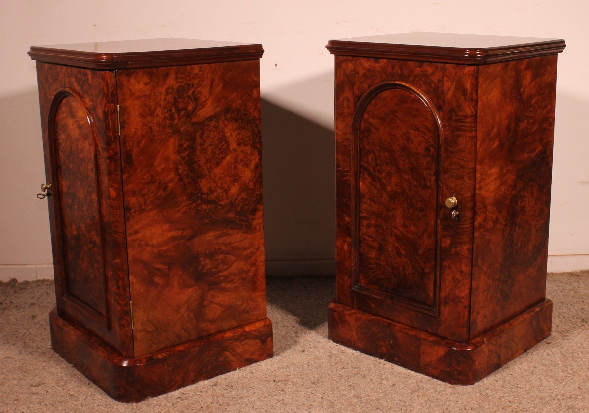 Pair Of Burl Walnut Bedside Tables - 19th Century-photo-4