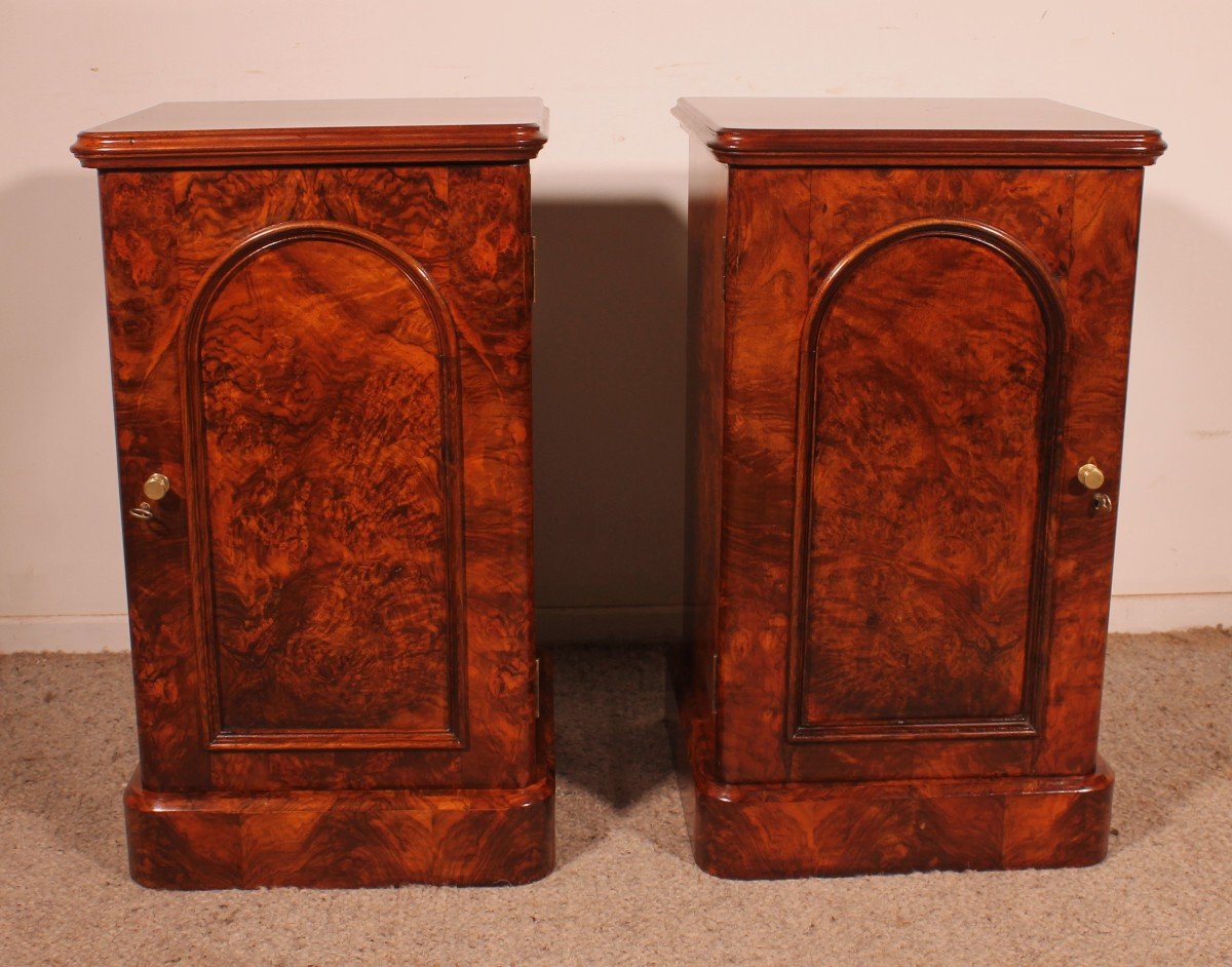 Pair Of Burl Walnut Bedside Tables - 19th Century