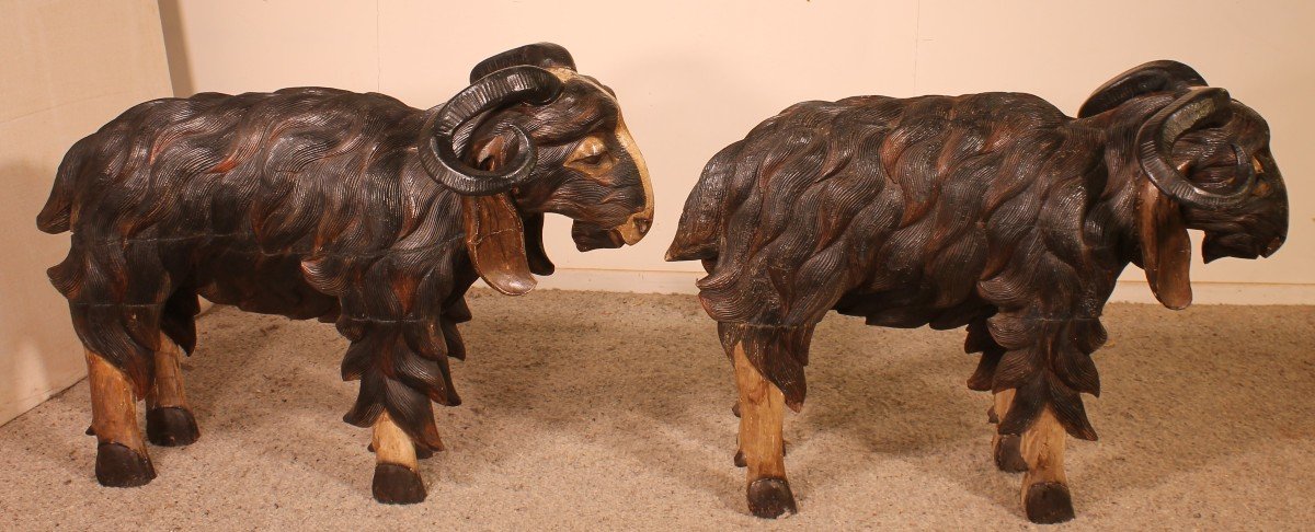Pair Of Scottish Ram In Polychrome Wood-19 Century-photo-2