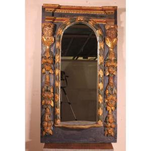 Grand Miroir Espagnole Du 17° Siècle En Bois Polychrome