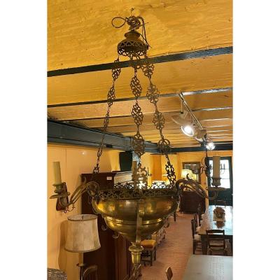 Lampe De Suspension Renaissance Espagnol-17° Siècle Avec éclairage Indirecte