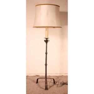 Torchiere Or Floor Lamp In Wrought Iron With A Lampshade In Goatskin