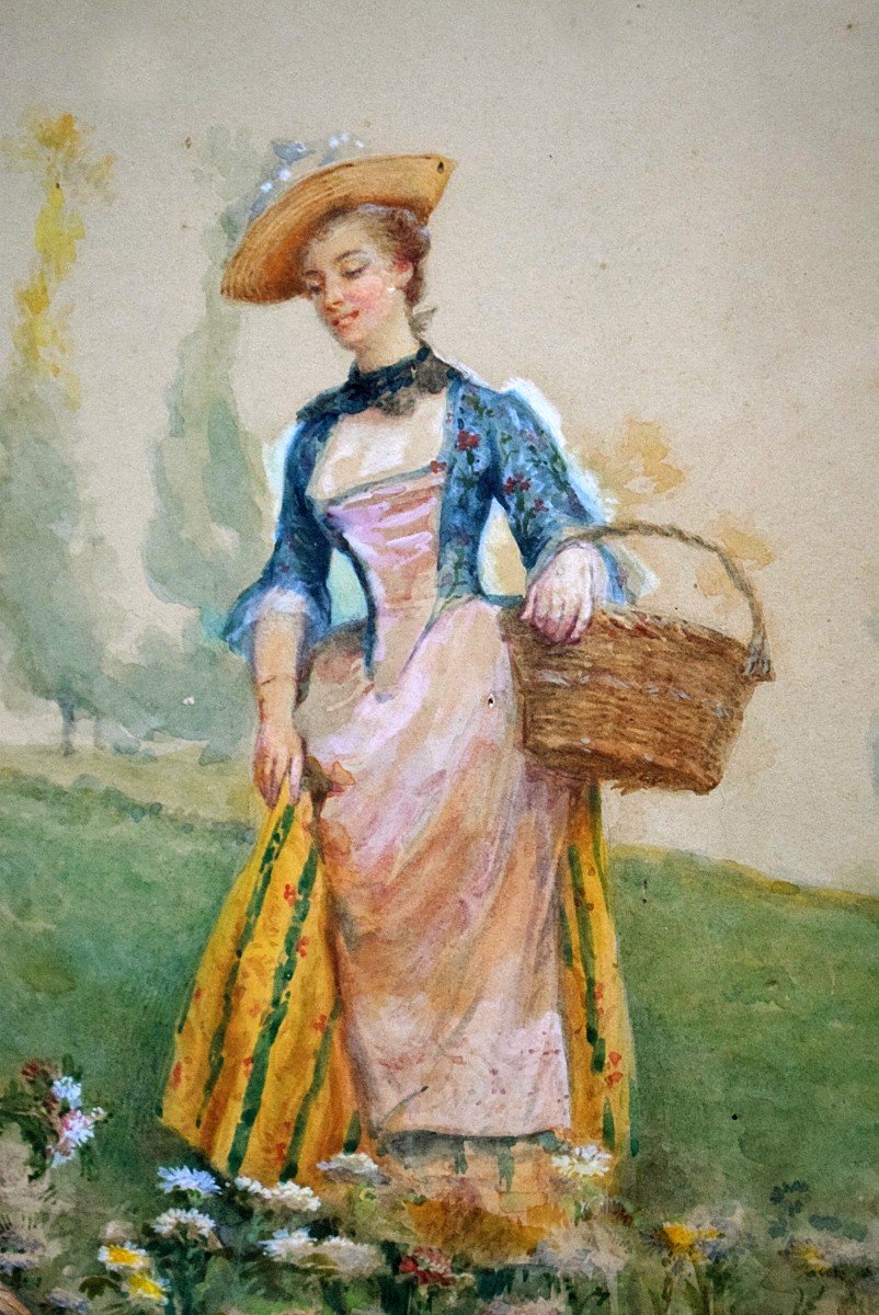 Gallant Scene By Gustave François Lasellaz Watercolor XIXth-photo-2