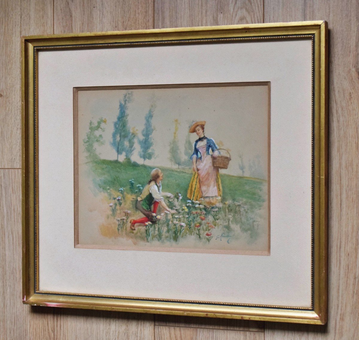 Gallant Scene By Gustave François Lasellaz Watercolor XIXth-photo-4