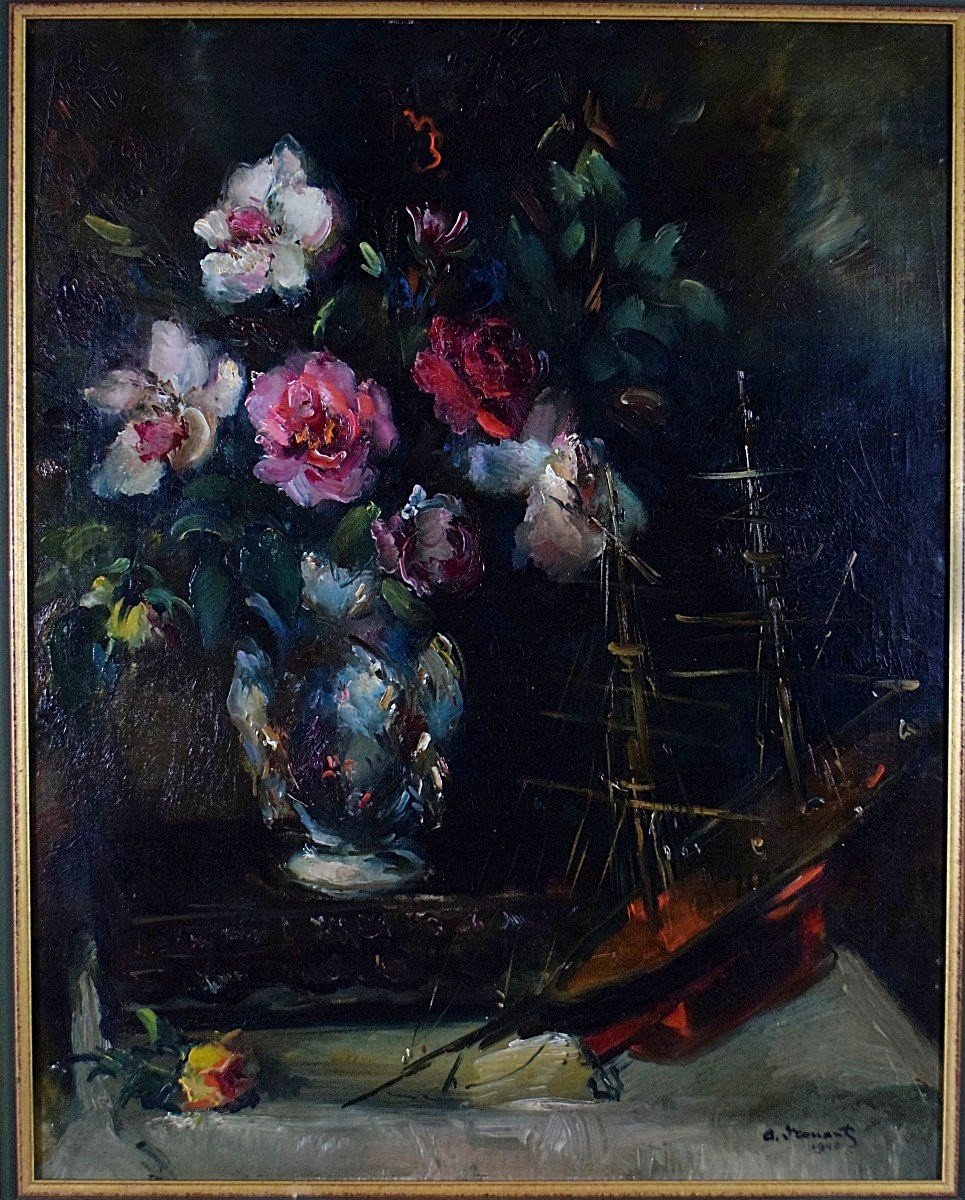 Bouquet de fleurs à la maquette de bateau par Armand Drouant 1940-photo-3