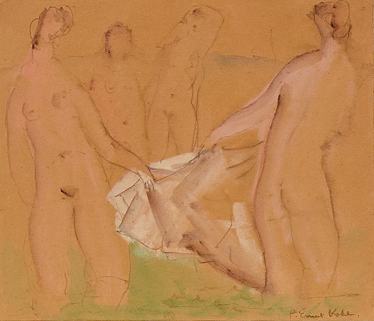 The Bathers Art Deco Watercolor Drawing By P. Ernest Kohe-photo-2