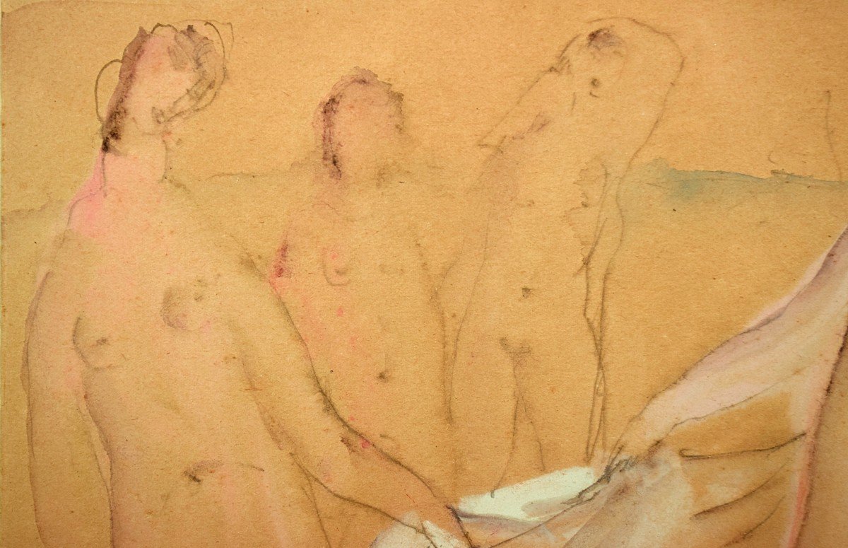 The Bathers Art Deco Watercolor Drawing By P. Ernest Kohe-photo-1