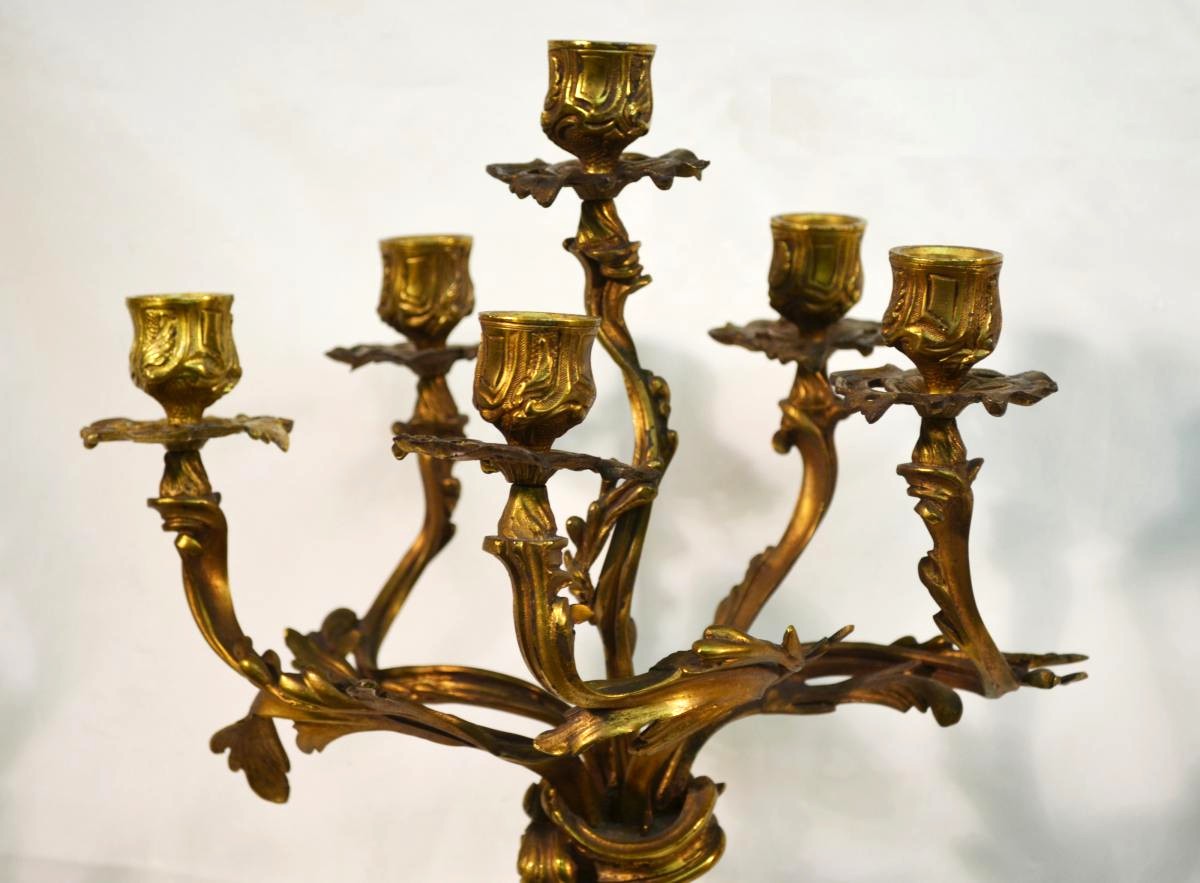 Great Pair Of Candlesticks Louis XV Style Gilt Bronze Candelabra XIX-photo-4
