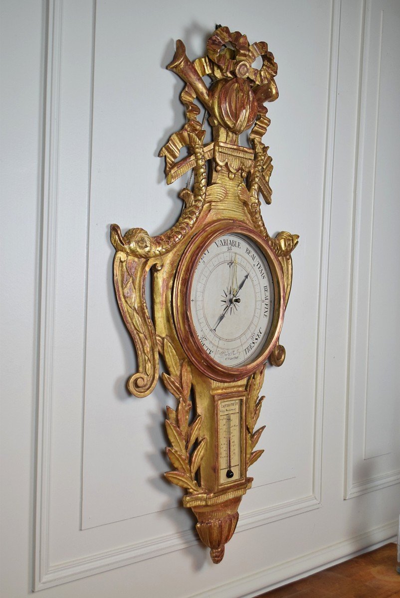 Barom&egrave;tre thermom&egrave;tre XVIII&egrave; d&#039;&eacute;poque Louis XVI en bois dor&eacute;-photo-3