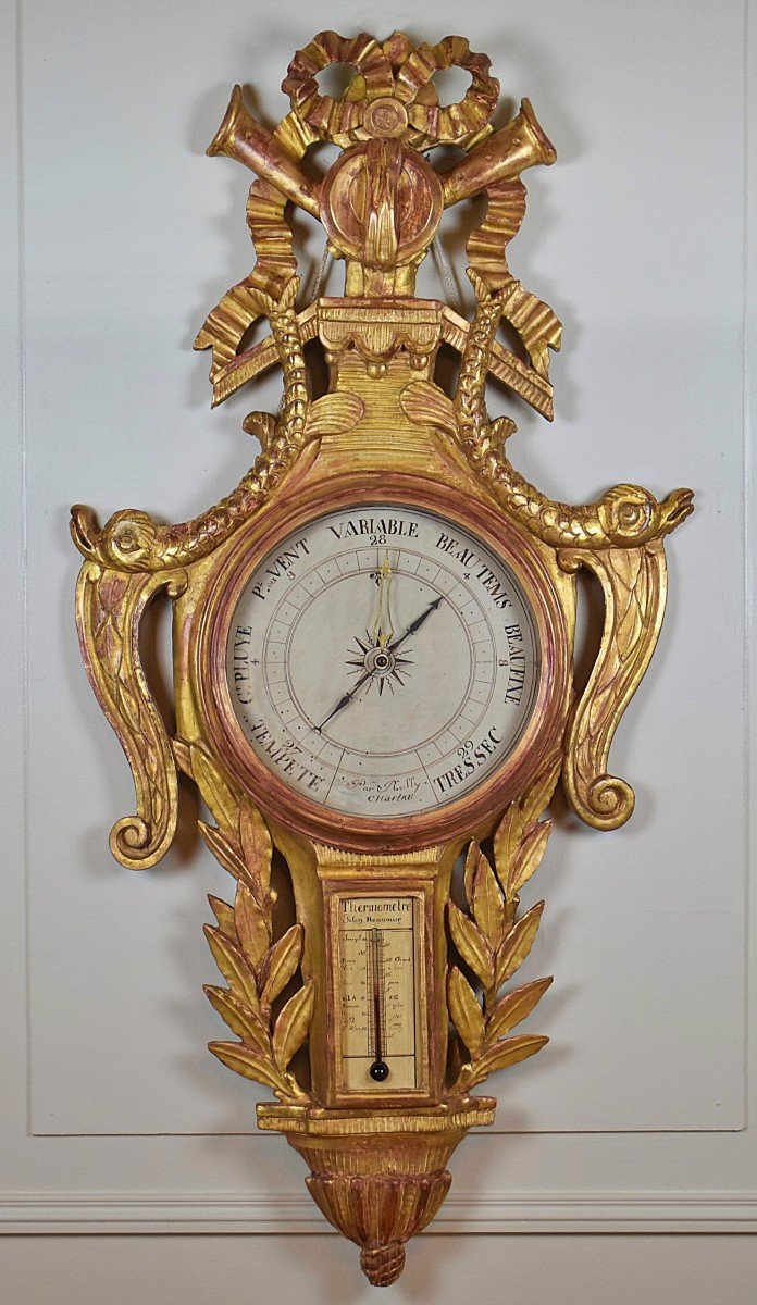 Barom&egrave;tre thermom&egrave;tre XVIII&egrave; d&#039;&eacute;poque Louis XVI en bois dor&eacute;-photo-2