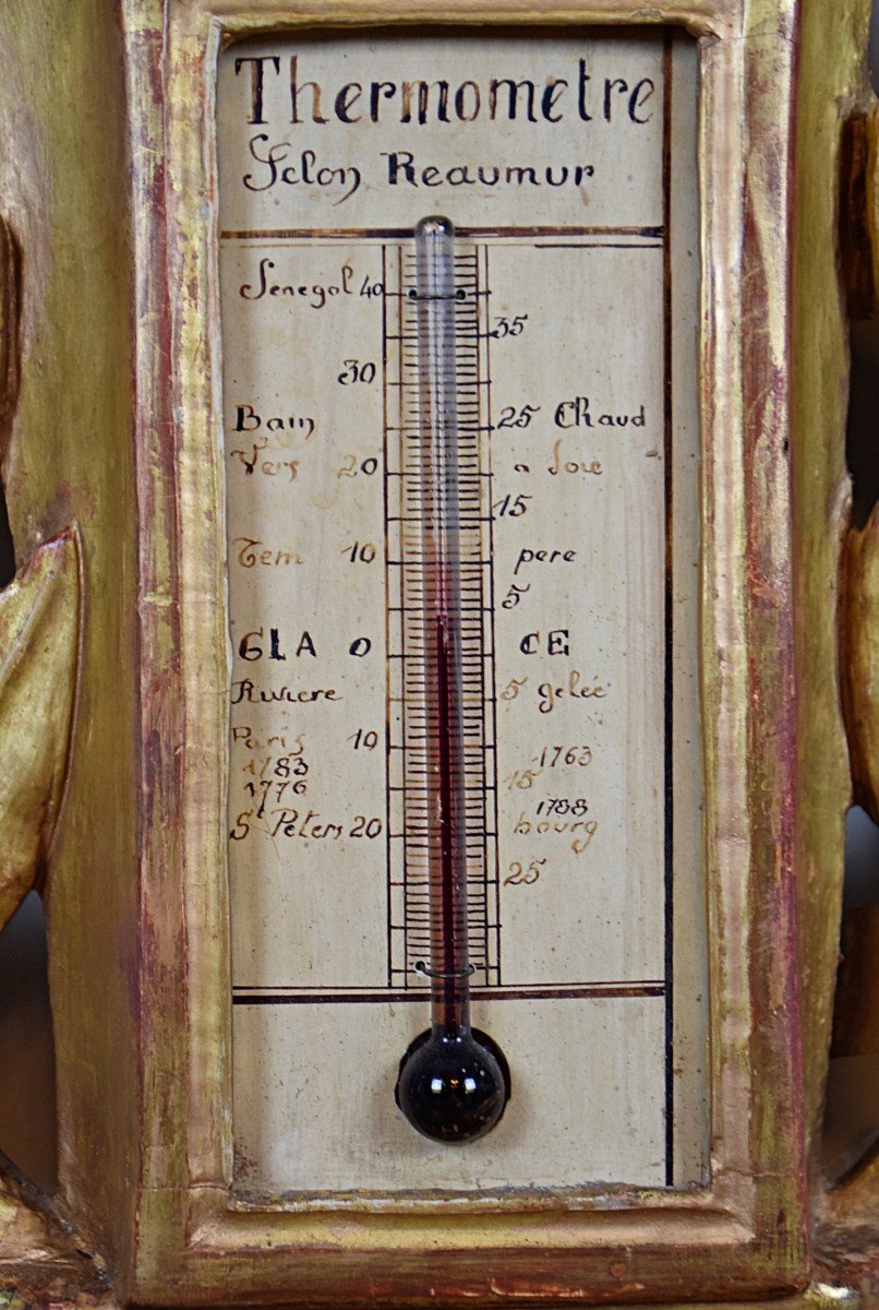 Barom&egrave;tre thermom&egrave;tre XVIII&egrave; d&#039;&eacute;poque Louis XVI en bois dor&eacute;-photo-3