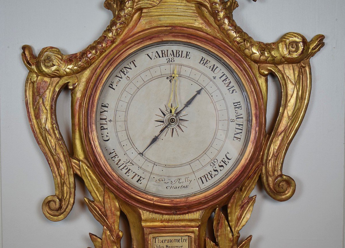 Barom&egrave;tre thermom&egrave;tre XVIII&egrave; d&#039;&eacute;poque Louis XVI en bois dor&eacute;-photo-4