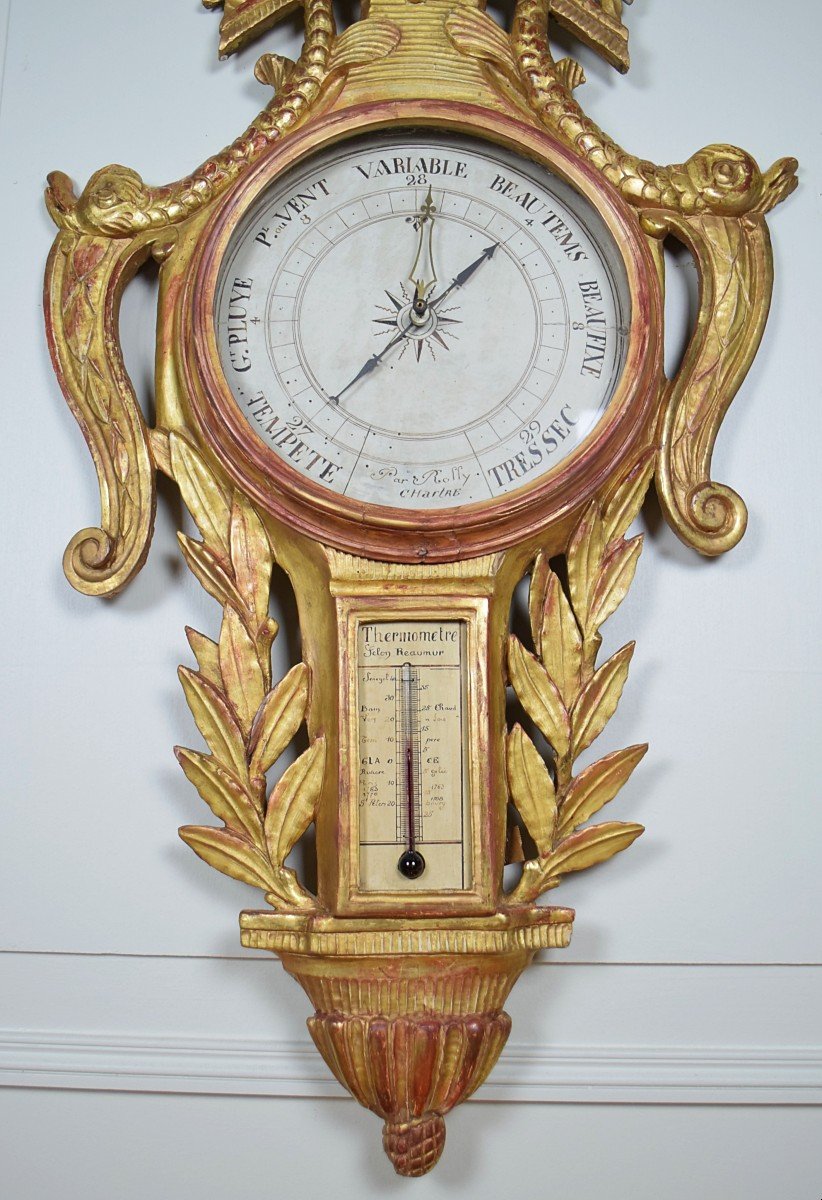 Barom&egrave;tre thermom&egrave;tre XVIII&egrave; d&#039;&eacute;poque Louis XVI en bois dor&eacute;-photo-6