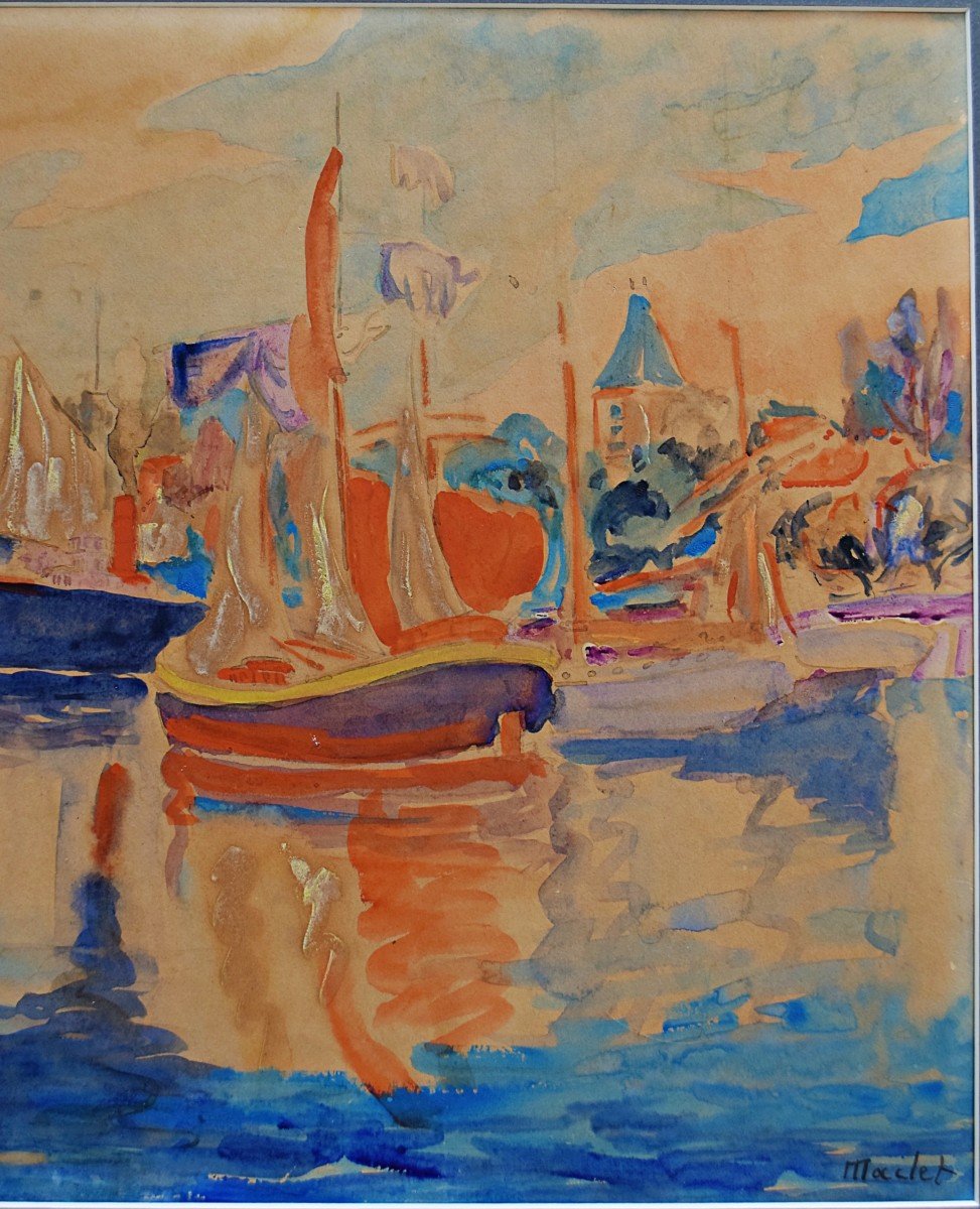 Elisée Maclet Aquarelle et gouache Bateaux au port-photo-3