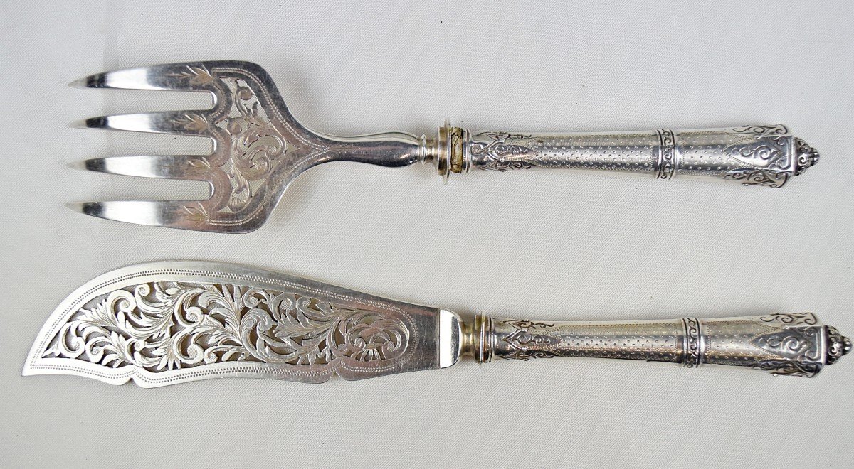 Solid Silver Fish Serving Cutlery Minerva 1st Title Goldsmith Jean Granvigne 19th Century-photo-1